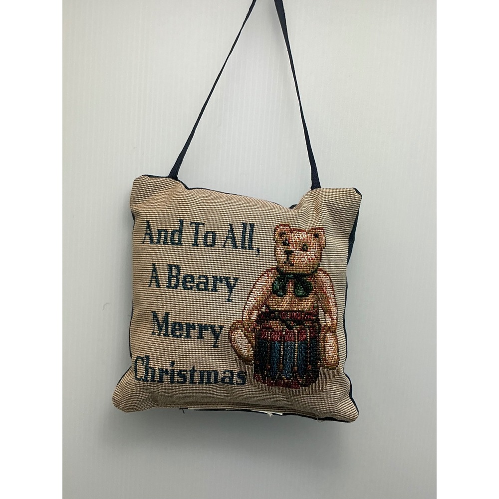 Beary Merry Christmas Teddy Bear Tapestry Hanging Pillow Ornament Navy Blue